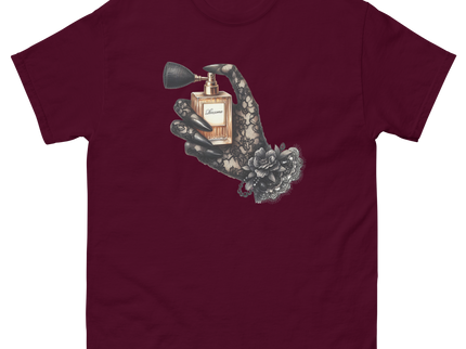 Gold Perfume Bottle Gothic Lace Tee Women Tees Style Junction – Custom Digital Designs & Apparel Maroon S