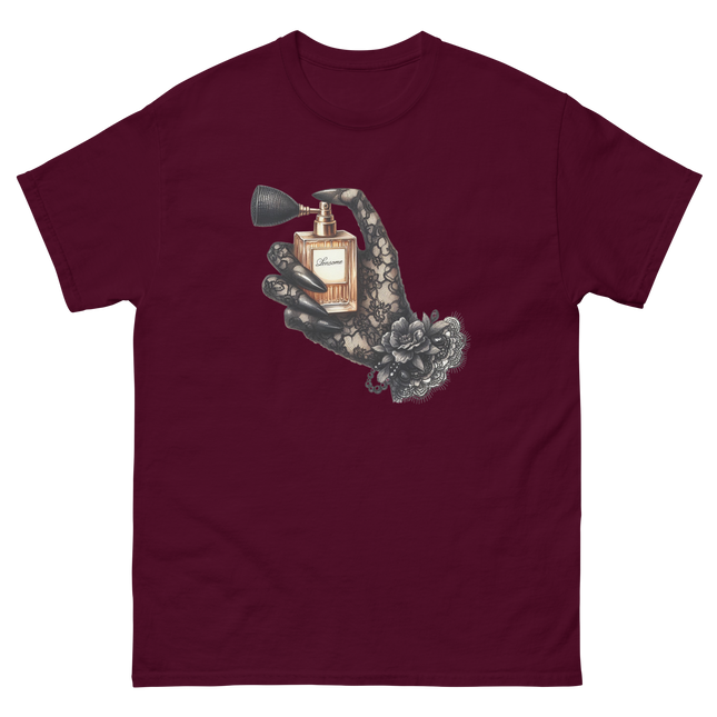 Gold Perfume Bottle Gothic Lace Tee Women Tees Style Junction – Custom Digital Designs & Apparel Maroon S