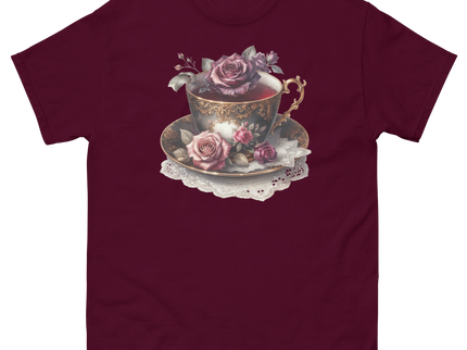 Romantic Teacup with Roses Art Tee Women Tees Style Junction – Custom Digital Designs & Apparel Maroon S