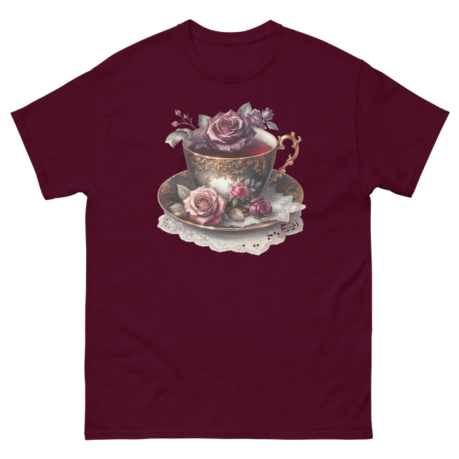 Romantic Teacup with Roses Art Tee Women Tees Style Junction – Custom Digital Designs & Apparel Maroon S