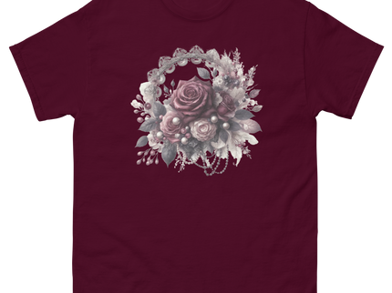 Mauve Rose Pearl Wreath Graphic Tee Women Tees Style Junction – Custom Digital Designs & Apparel Maroon S