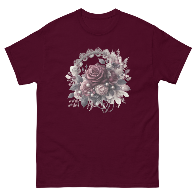 Mauve Rose Pearl Wreath Graphic Tee Women Tees Style Junction – Custom Digital Designs & Apparel Maroon S