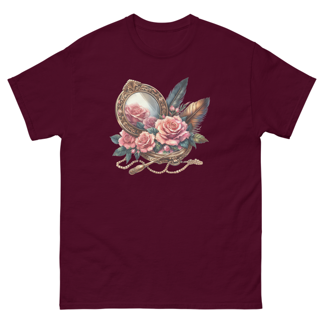 Vintage Mirror & Rose Frame Tee Women Tees Style Junction – Custom Digital Designs & Apparel Maroon S