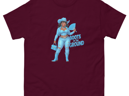 Boots on the Ground Tee – Light Blue Curvy Cowgirl Graphic #2 Women Tees Style Junction – Custom Digital Designs & Apparel Maroon S