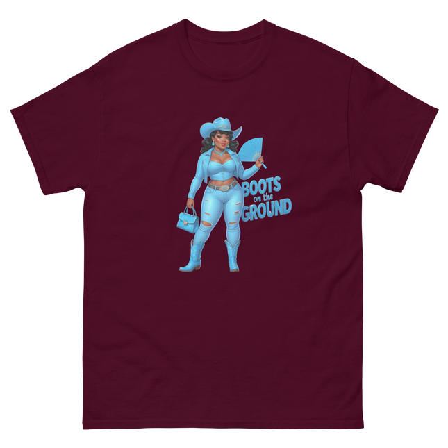Boots on the Ground Tee – Light Blue Curvy Cowgirl Graphic #2 Women Tees Style Junction – Custom Digital Designs & Apparel Maroon S