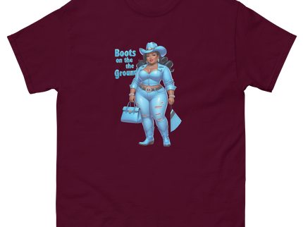 Boots on the Ground Tee – Light Blue Curvy Cowgirl Graphic #3 Women Tees Style Junction – Custom Digital Designs & Apparel Maroon S
