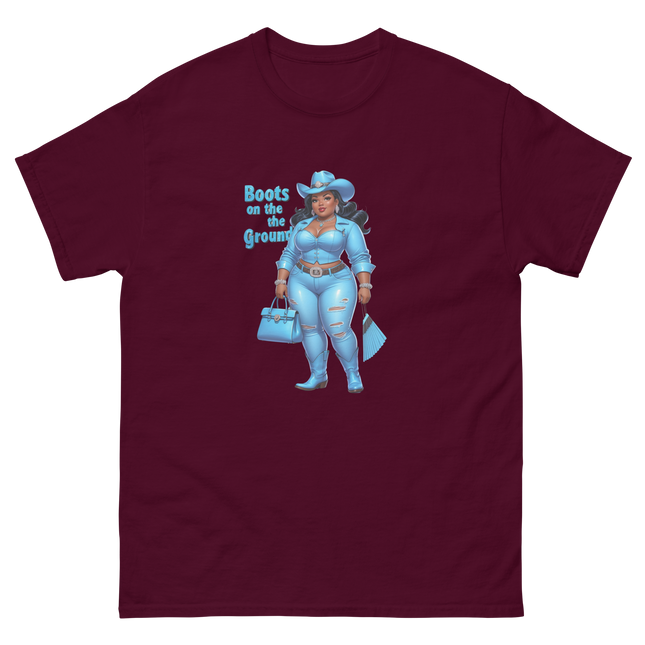 Boots on the Ground Tee – Light Blue Curvy Cowgirl Graphic #3 Women Tees Style Junction – Custom Digital Designs & Apparel Maroon S