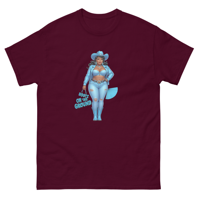 Boots on the Ground Tee – Light Blue Curvy Cowgirl Graphic #4 Women Tees Style Junction – Custom Digital Designs & Apparel Maroon S