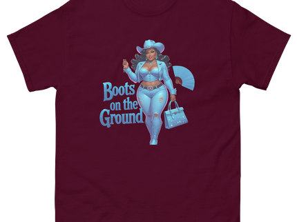 Boots on the Ground Tee – Light Blue Curvy Cowgirl Graphic #5 Women Tees Style Junction – Custom Digital Designs & Apparel Maroon S