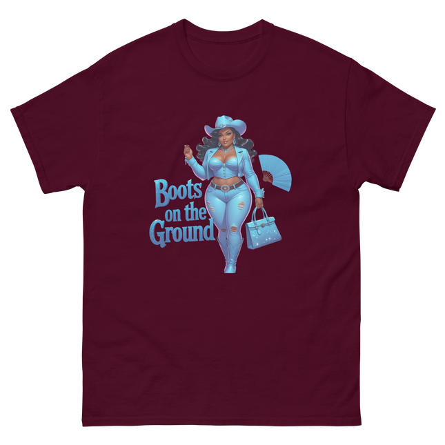 Boots on the Ground Tee – Light Blue Curvy Cowgirl Graphic #5 Women Tees Style Junction – Custom Digital Designs & Apparel Maroon S