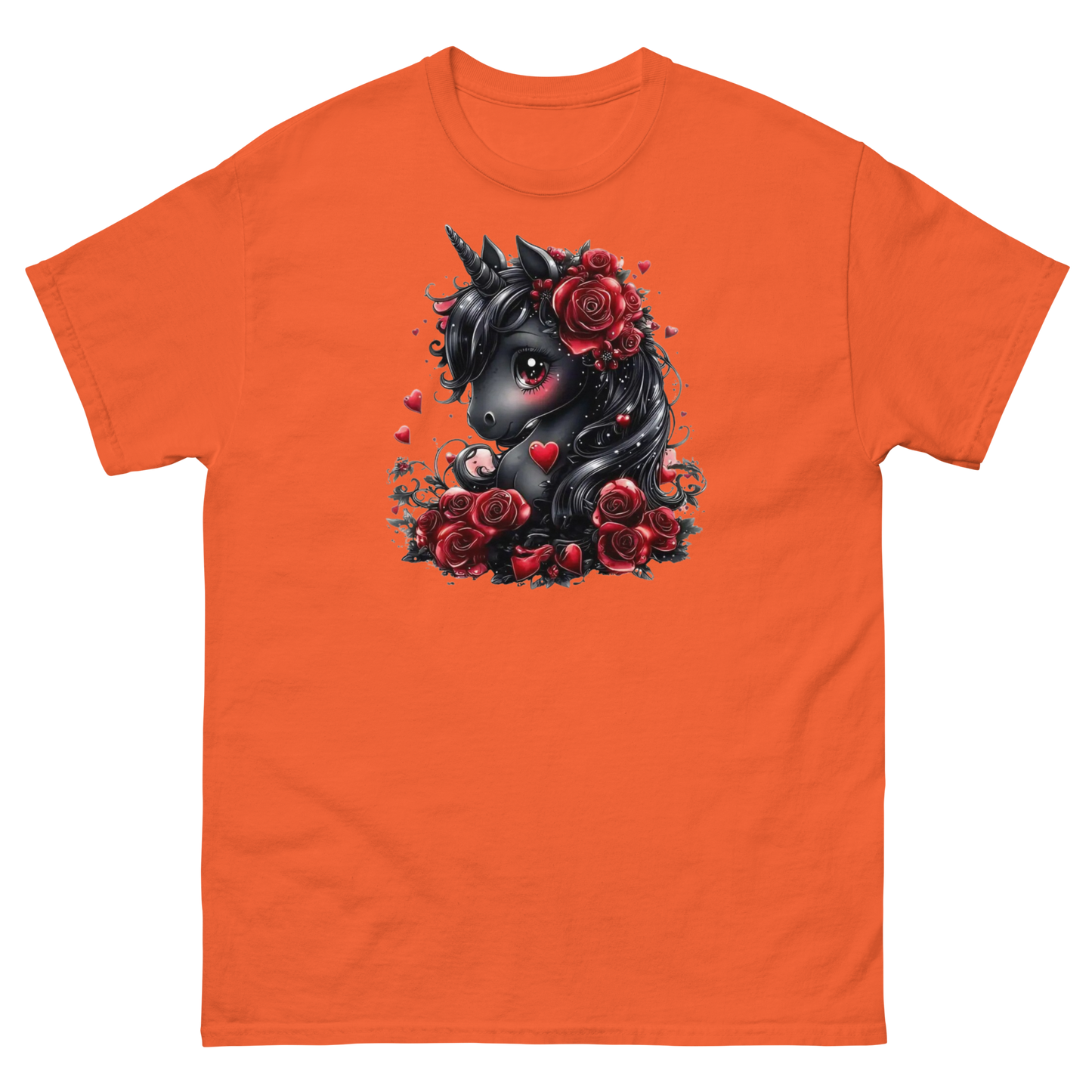 Black & Red Unicorn Women's Classic Tee Physical T-Shirt Style-Junction Custom Designs & Prints Orange S