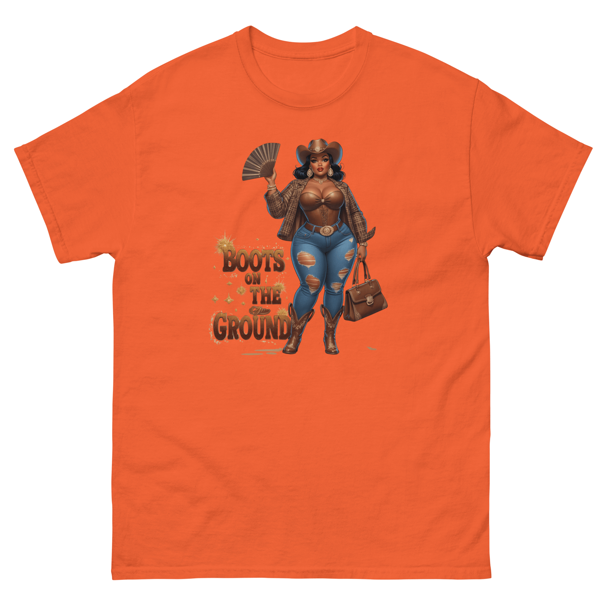 Boots on the Ground Curvy Cowgirl #2 Tee – Bold Western Style Women Tees Style Junction – Custom Digital Designs & Apparel Orange S