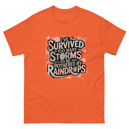 I’ve Survived Too Many Storms Tee – Pastel Quote Cotton Shirt Women Tees Style Junction – Custom Digital Designs & Apparel Orange S