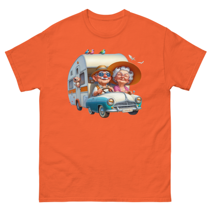 Vintage RV Adventure Tee – Retro Road Trip Camper Graphic Women Tees Style Junction – Custom Digital Designs & Apparel Orange S