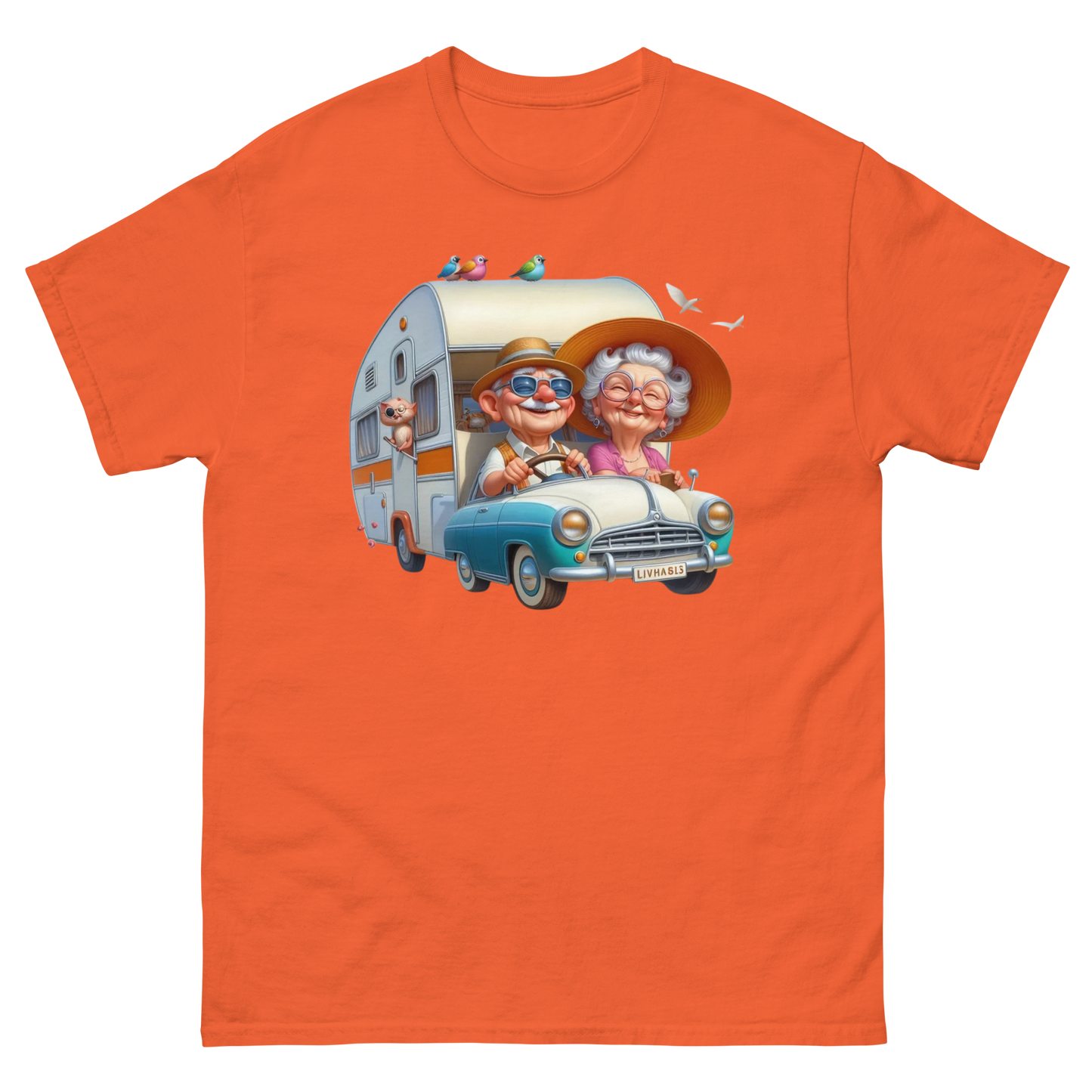 Vintage RV Adventure Tee – Retro Road Trip Camper Graphic Women Tees Style Junction – Custom Digital Designs & Apparel Orange S