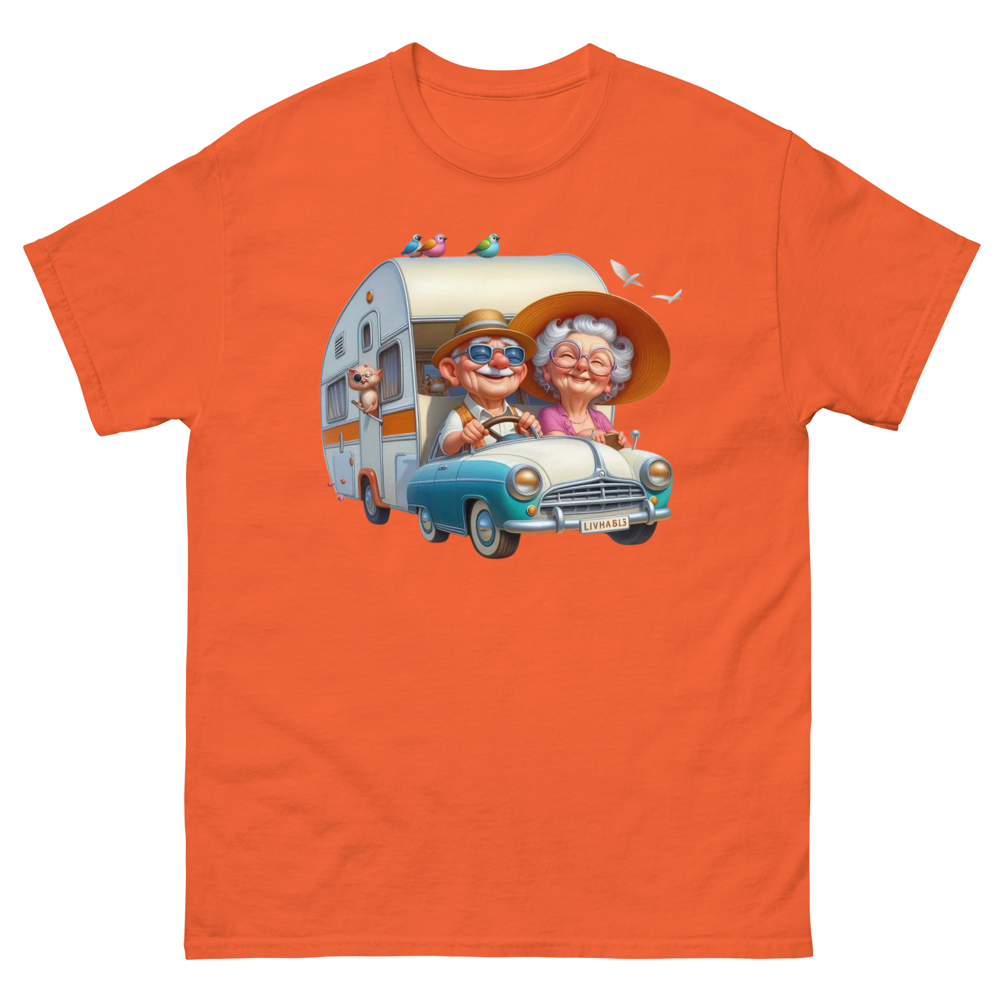 Vintage RV Adventure Tee – Retro Road Trip Camper Graphic Women Tees Style Junction – Custom Digital Designs & Apparel Orange S
