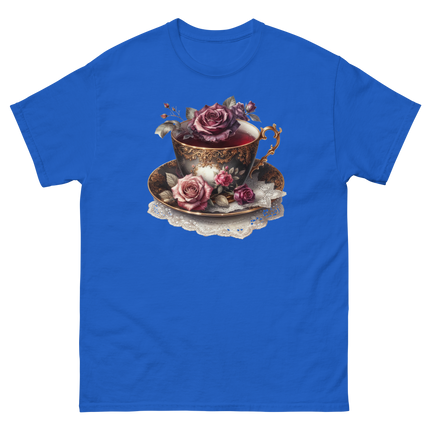 Romantic Teacup with Roses Art Tee Women Tees Style Junction – Custom Digital Designs & Apparel Royal S