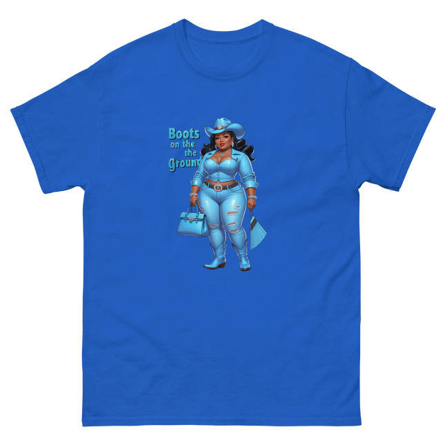 Boots on the Ground Tee – Light Blue Curvy Cowgirl Graphic #3 Women Tees Style Junction – Custom Digital Designs & Apparel Royal S
