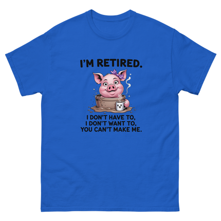 I'm Retired Tee – Funny Pig in Mug Graphic with Sassy Quote #4 Women Tees Style Junction – Custom Digital Designs & Apparel Royal S