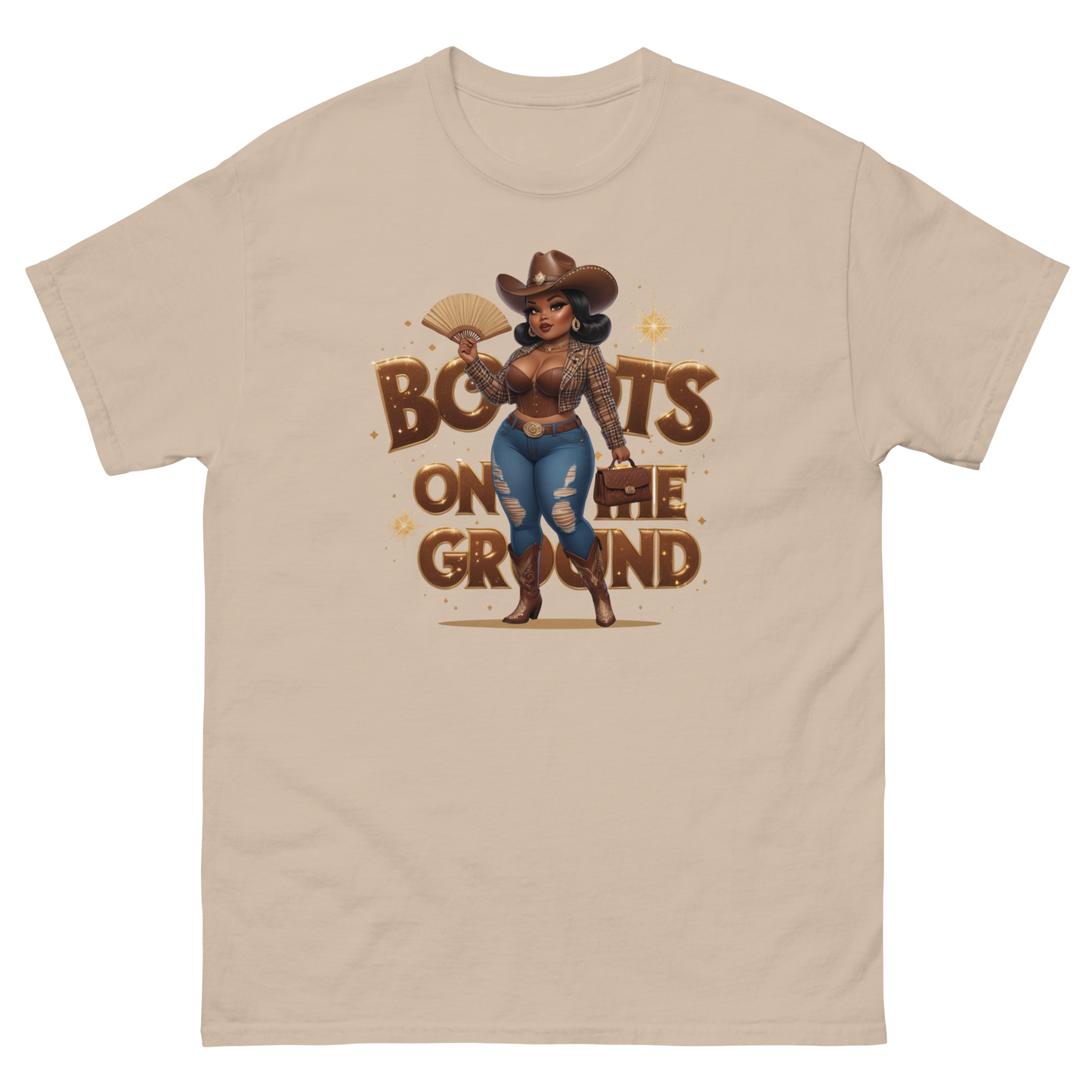 Boots on the Ground Curvy Cowgirl T-Shirt – Bold Western Style Women Tees Style Junction – Custom Digital Designs & Apparel Sand S