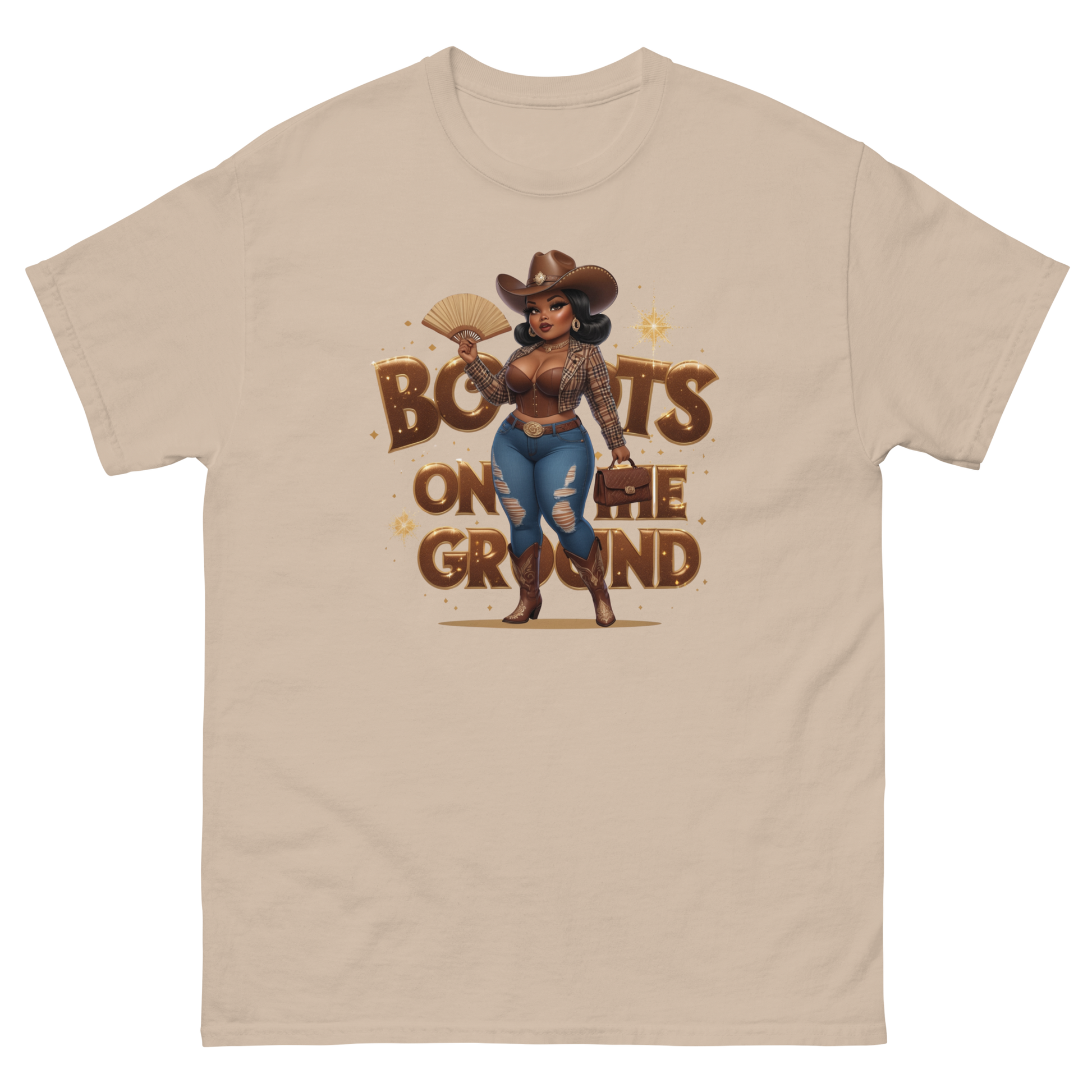 Boots on the Ground Curvy Cowgirl T-Shirt – Bold Western Style Women Tees Style Junction – Custom Digital Designs & Apparel Sand S