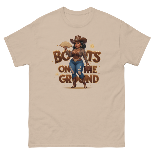 Boots on the Ground Curvy Cowgirl T-Shirt – Bold Western Style Women Tees Style Junction – Custom Digital Designs & Apparel Sand S
