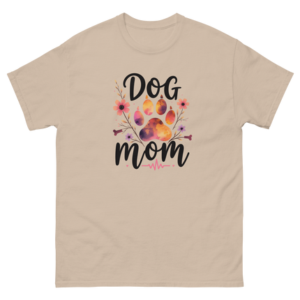 Dog Mom Sunset Floral T-Shirt – Heartbeat Paw Print Design Women Tees Style Junction – Custom Digital Designs & Apparel Sand S