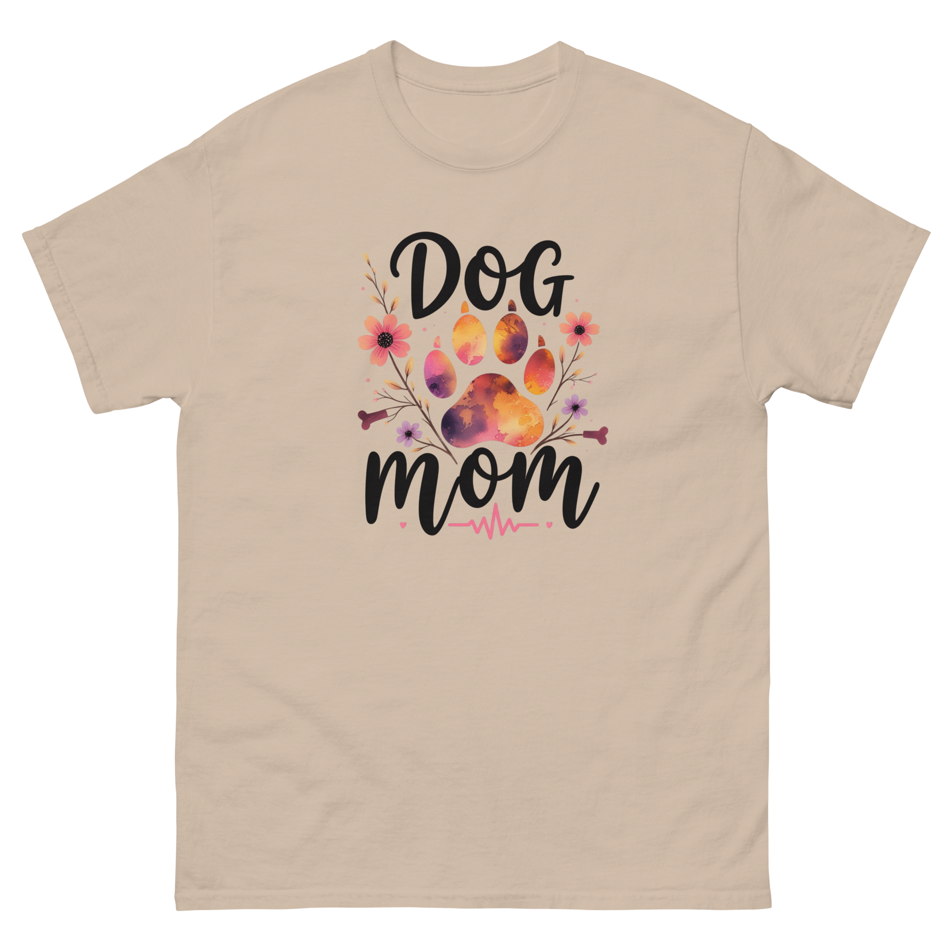 Dog Mom Sunset Floral T-Shirt – Heartbeat Paw Print Design Women Tees Style Junction – Custom Digital Designs & Apparel Sand S