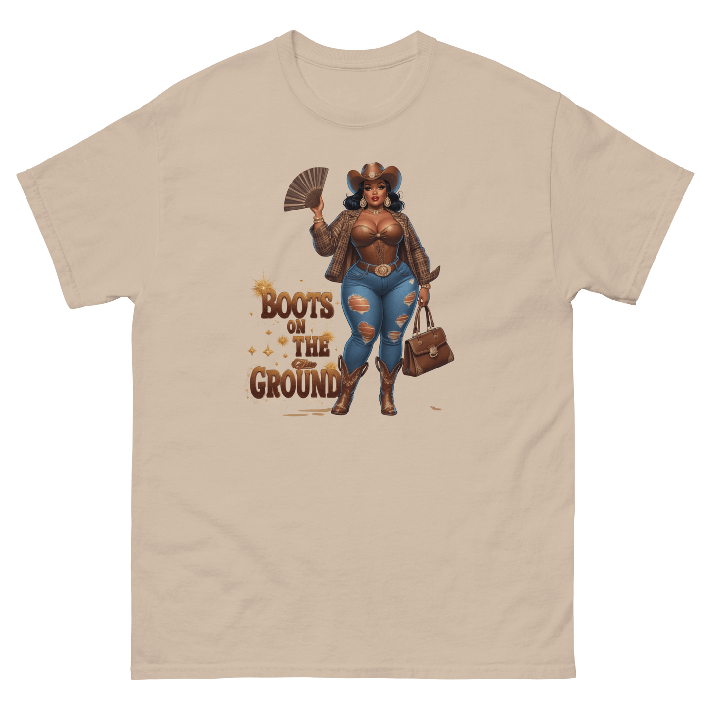 Boots on the Ground Curvy Cowgirl #2 Tee – Bold Western Style Women Tees Style Junction – Custom Digital Designs & Apparel Sand S
