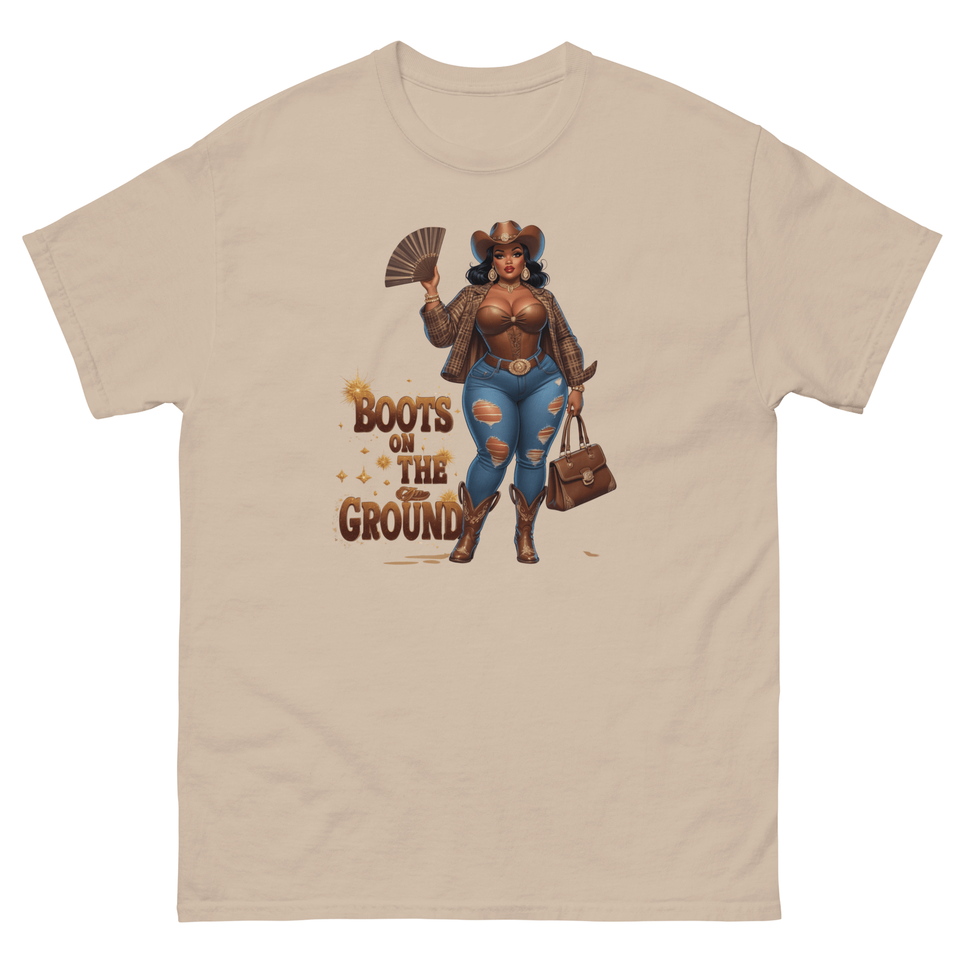 Boots on the Ground Curvy Cowgirl #2 Tee – Bold Western Style Women Tees Style Junction – Custom Digital Designs & Apparel Sand S