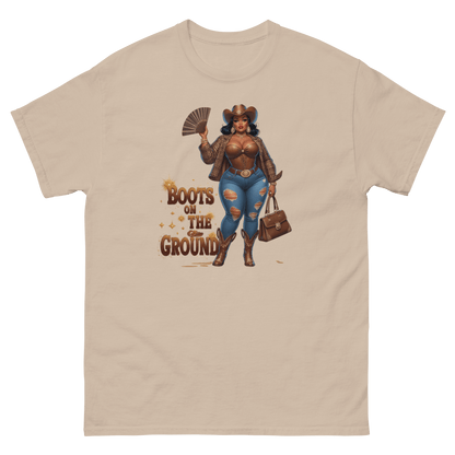 Boots on the Ground Curvy Cowgirl #2 Tee – Bold Western Style Women Tees Style Junction – Custom Digital Designs & Apparel Sand S