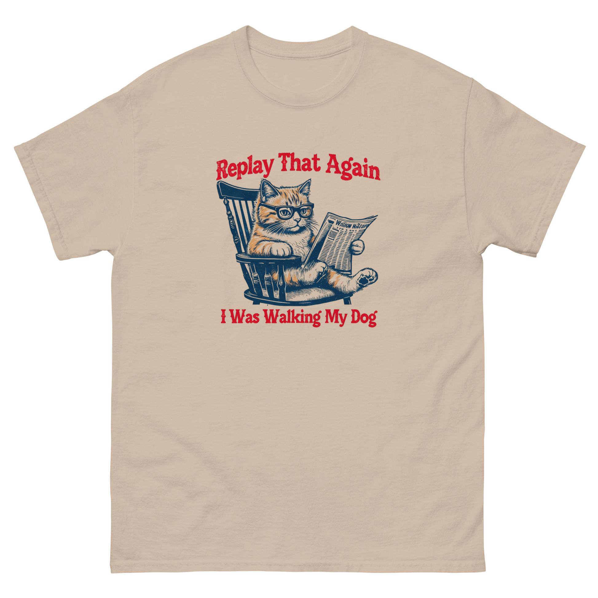 Replay That Again Cat Tee – Funny Retro Dog Quote T-Shirt Women Tees Style Junction – Custom Digital Designs & Apparel Sand S