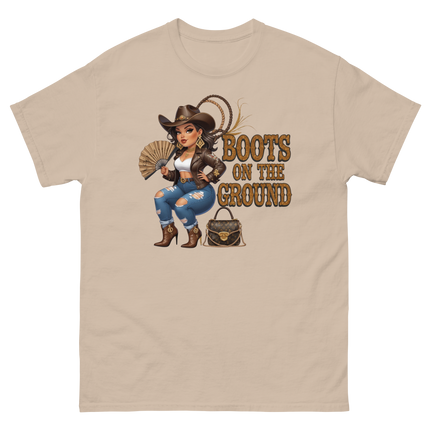 Curvy Cowgirl Tee – “Boots on the Ground” Western Rodeo Graphic Women Tees Style Junction – Custom Digital Designs & Apparel Sand S