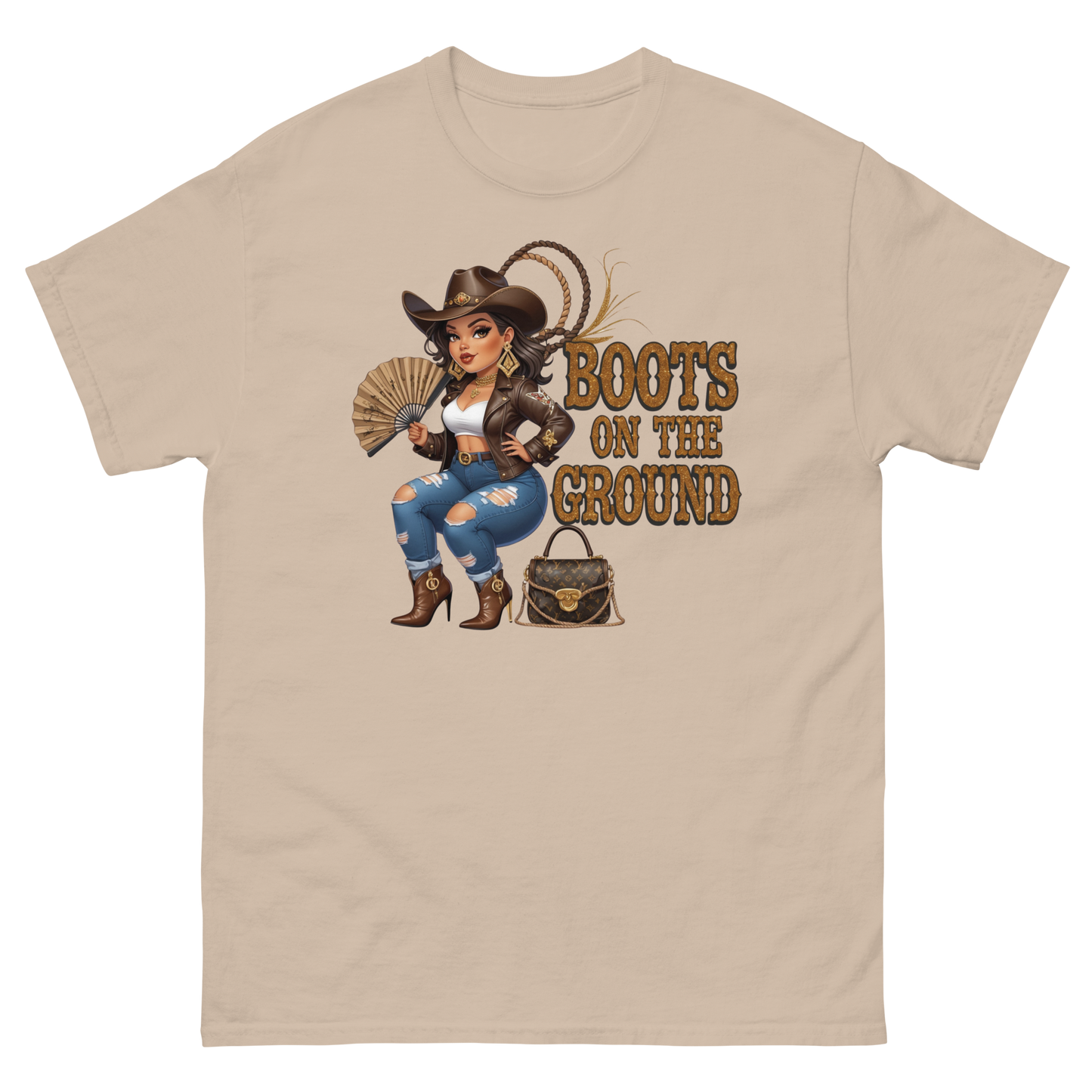 Curvy Cowgirl Tee – “Boots on the Ground” Western Rodeo Graphic Women Tees Style Junction – Custom Digital Designs & Apparel Sand S