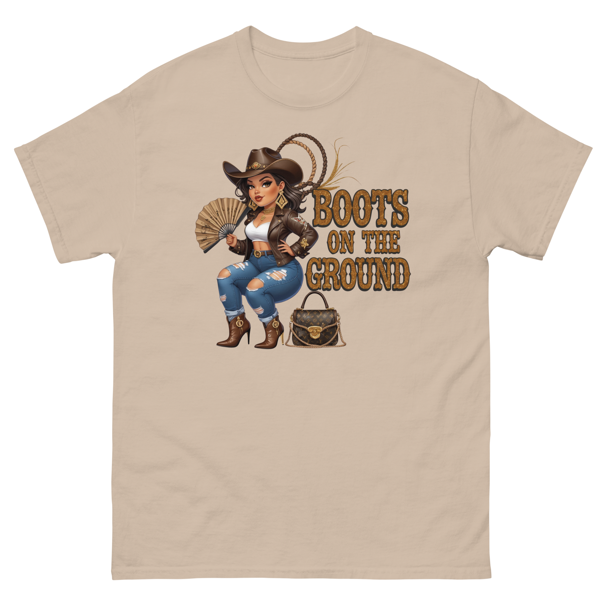 Curvy Cowgirl Tee – “Boots on the Ground” Western Rodeo Graphic Women Tees Style Junction – Custom Digital Designs & Apparel Sand S