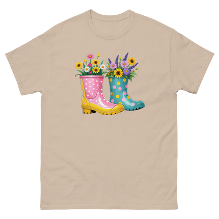 Floral Rain Boots Tee – Colorful Spring Garden Design Women Tees Style Junction – Custom Digital Designs & Apparel Sand S