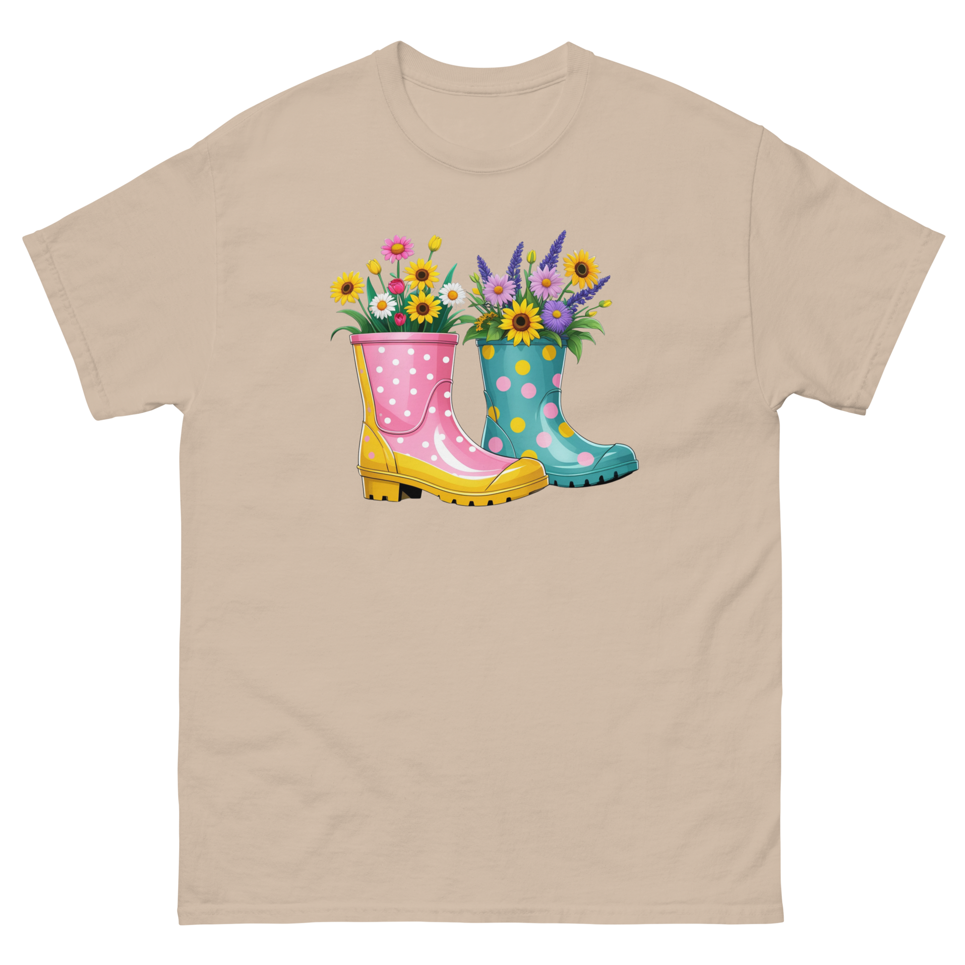 Floral Rain Boots Tee – Colorful Spring Garden PNG Design Women Tees Style Junction – Custom Digital Designs & Apparel Sand S