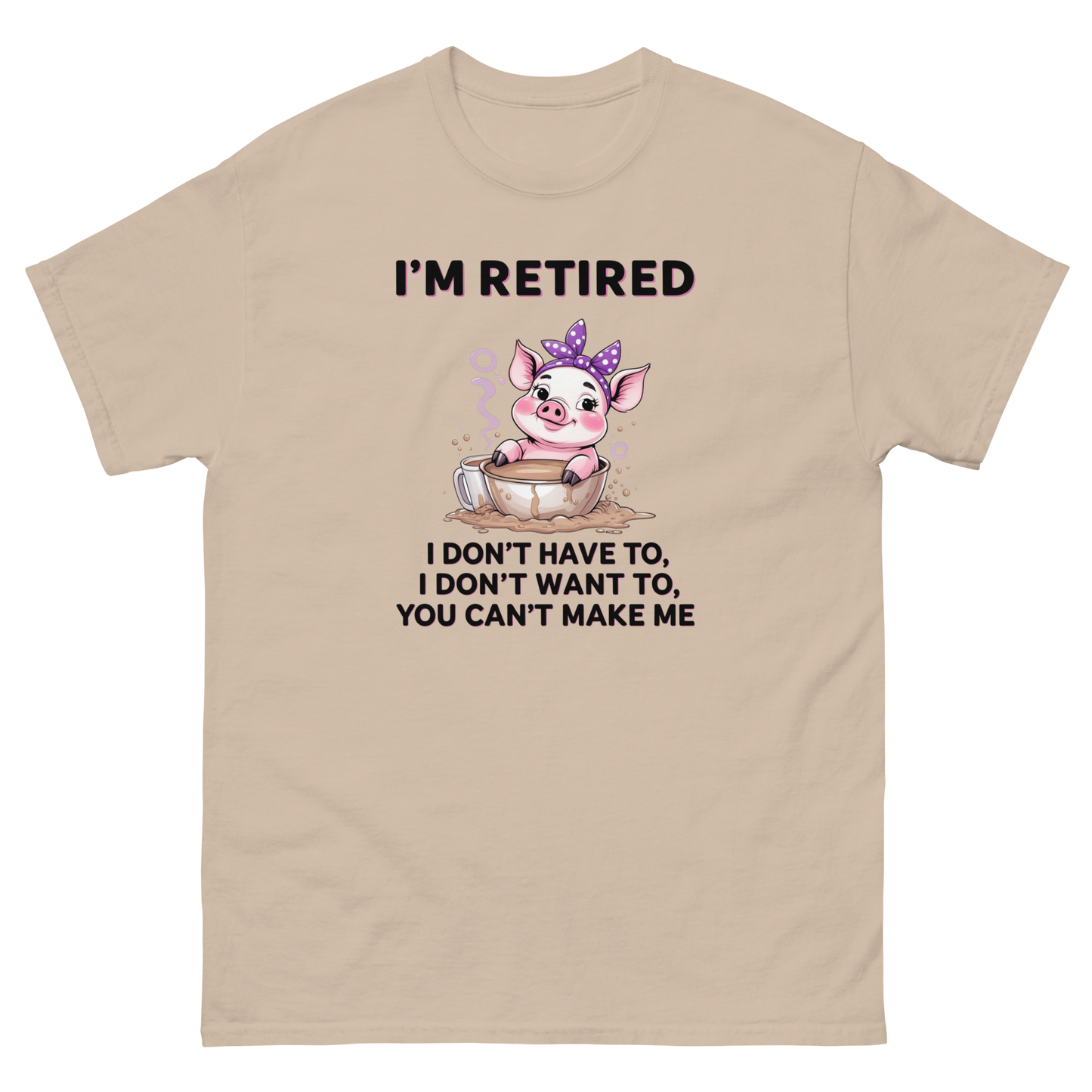 Retired Pig Coffee Tee – Funny Quote & Cute Cup Graphic Shirt Women Tees Style Junction – Custom Digital Designs & Apparel Sand S