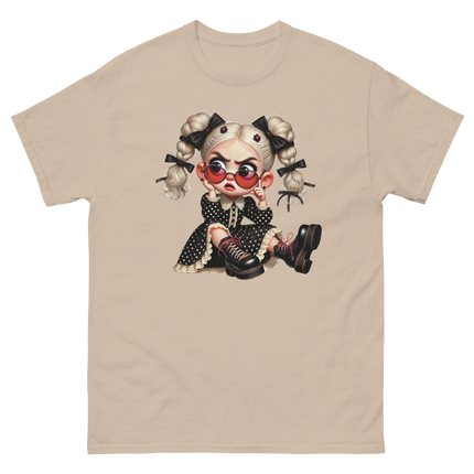 Sassy Blonde Pigtail Tee – Grumpy Doll in Polka Dot Dress Women Tees Style Junction – Custom Digital Designs & Apparel Sand S