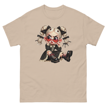 Sassy Blonde Pigtail Tee – Grumpy Doll in Polka Dot Dress Women Tees Style Junction – Custom Digital Designs & Apparel Sand S