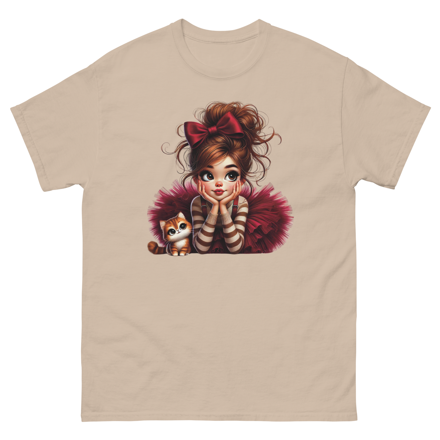 Cute Girl & Cat Tee – Red Tulle Skirt, Big Bow, Whimsical Style Women Tees Style Junction – Custom Digital Designs & Apparel Sand S