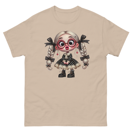 Polka Dot Girl Tee – Vintage Doll Style with Blonde Pigtails Women Tees Style Junction – Custom Digital Designs & Apparel Sand S