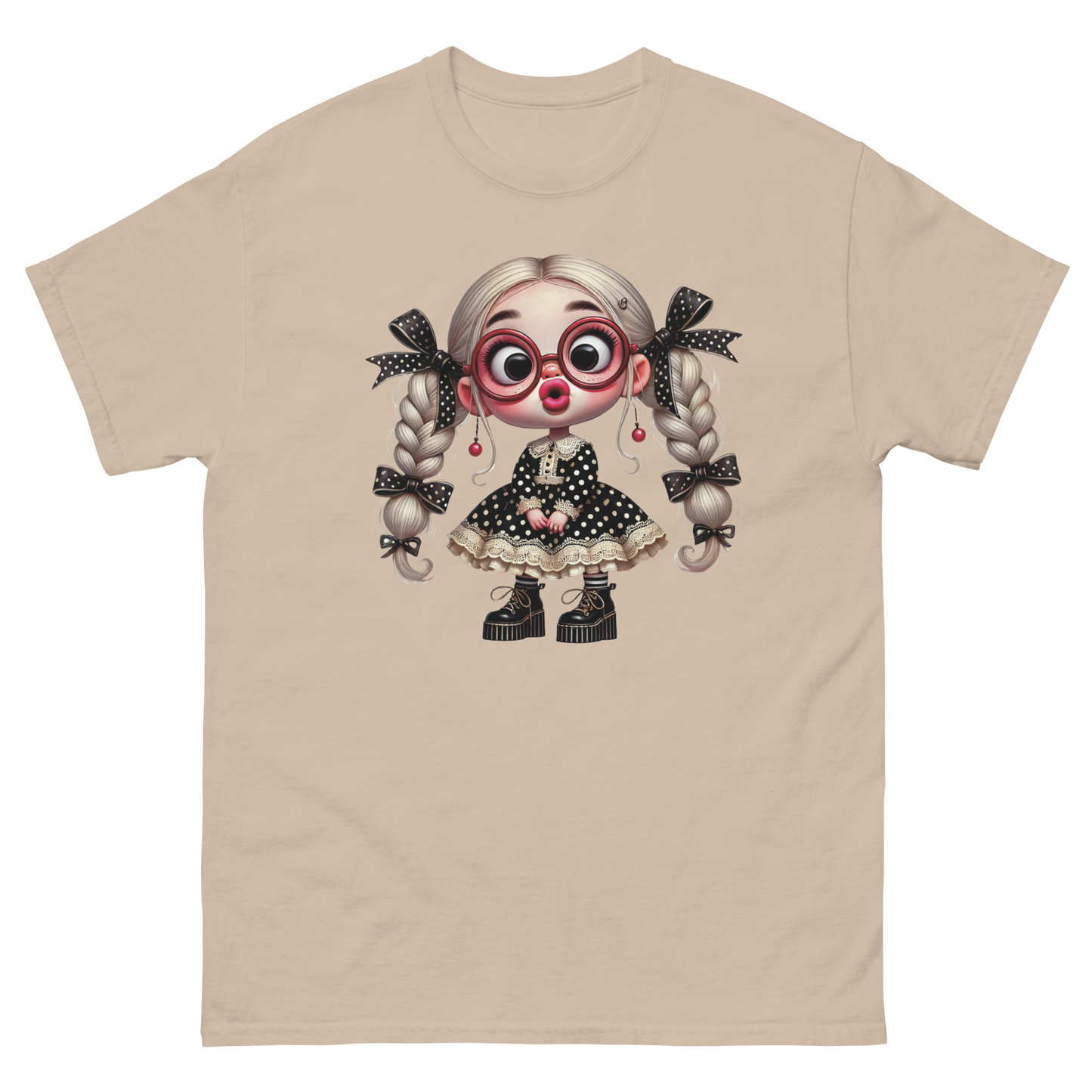 Polka Dot Girl Tee – Vintage Doll Style with Blonde Pigtails Women Tees Style Junction – Custom Digital Designs & Apparel Sand S