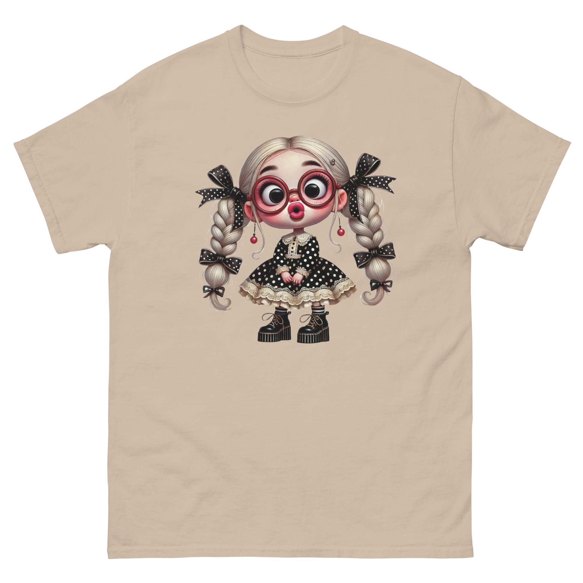 Polka Dot Girl Tee – Vintage Doll Style with Blonde Pigtails Women Tees Style Junction – Custom Digital Designs & Apparel Sand S