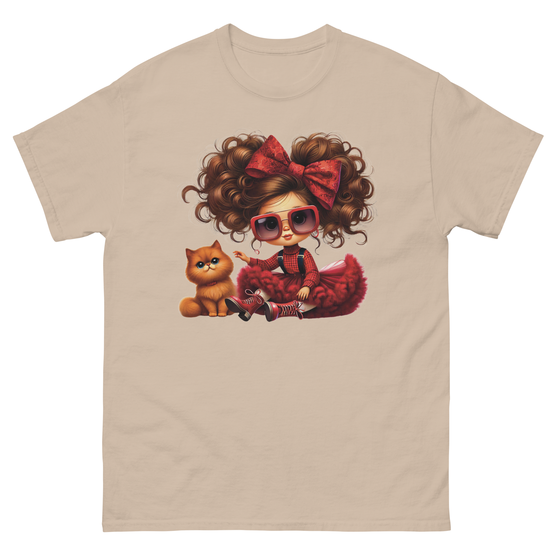Curly Hair Girl & Cat Tee – Red Skirt & Bow Doll Style Graphic Women Tees Style Junction – Custom Digital Designs & Apparel Sand S