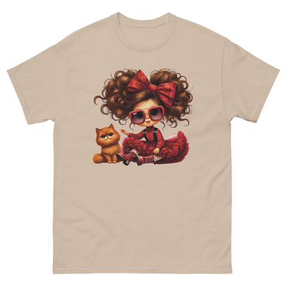 Curly Hair Girl & Cat Tee – Red Skirt & Bow Doll Style Graphic Women Tees Style Junction – Custom Digital Designs & Apparel Sand S