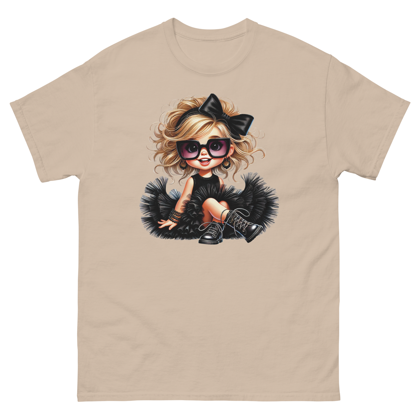 Blonde Curly Girl Tee – Tulle Skirt & Sunglasses Streetwear Women Tees Style Junction – Custom Digital Designs & Apparel Sand S