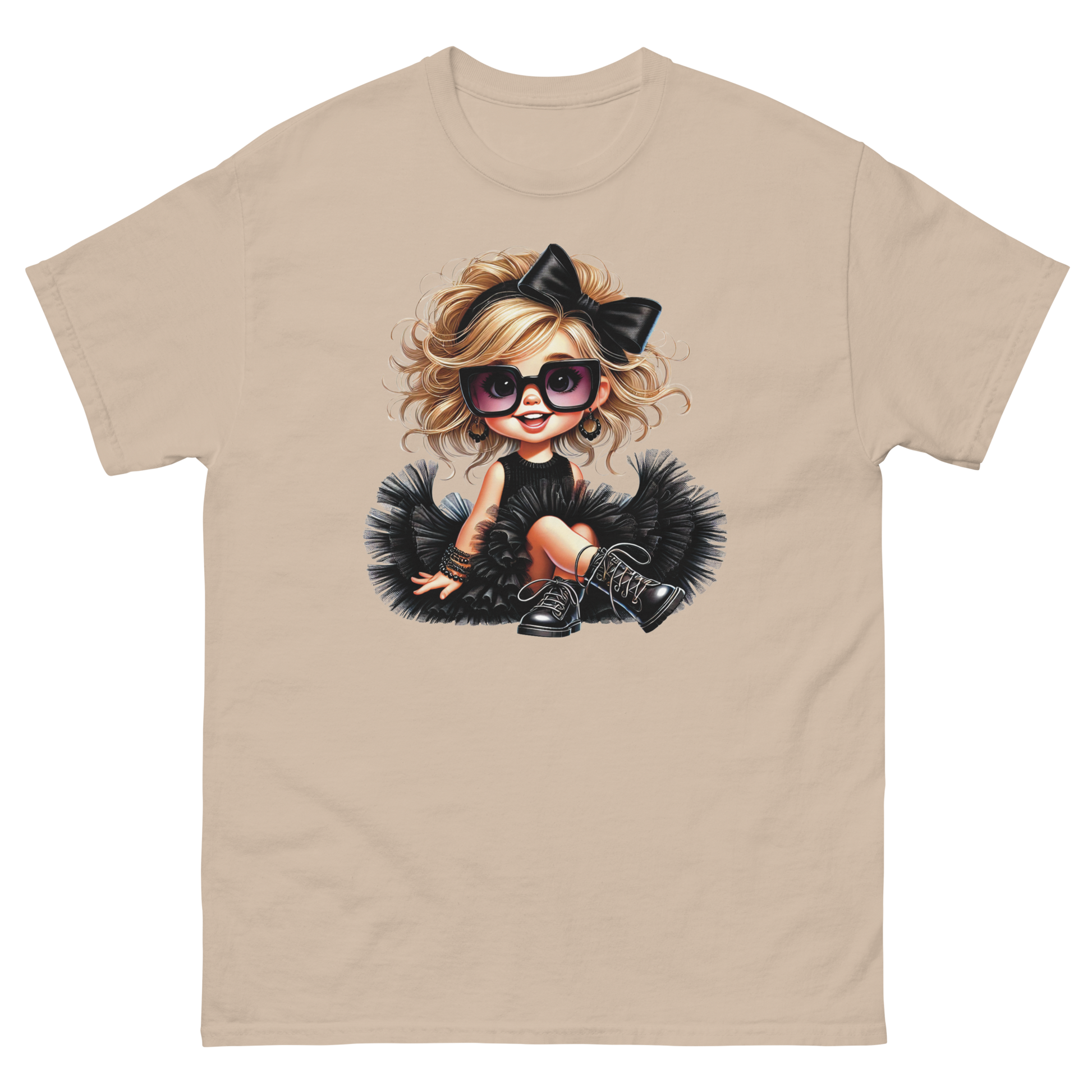 Blonde Curly Girl Tee – Tulle Skirt & Sunglasses Streetwear Women Tees Style Junction – Custom Digital Designs & Apparel Sand S
