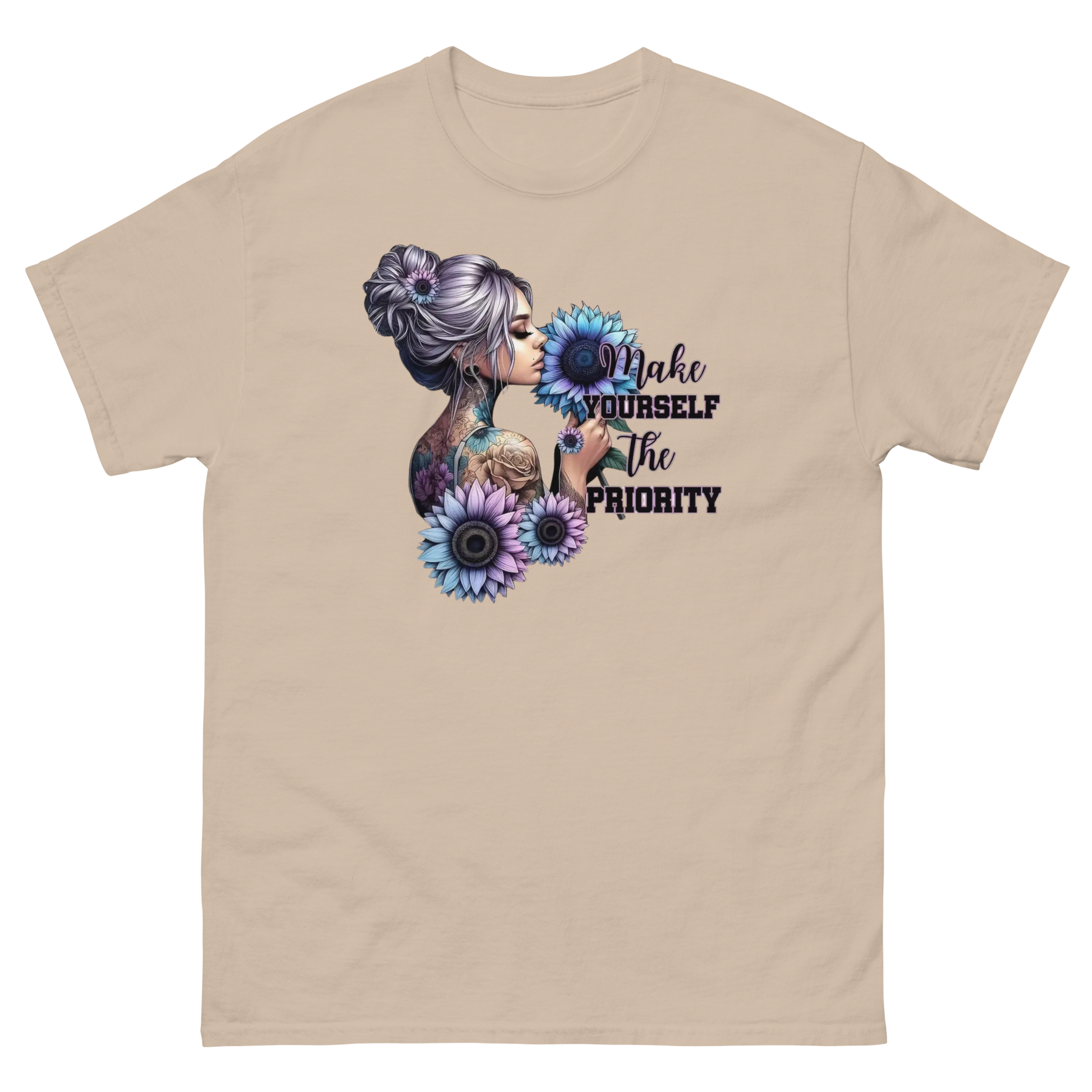 Make Yourself Priority Tee – Tattooed Floral Woman Graphic Women Tees Style Junction – Custom Digital Designs & Apparel Sand S