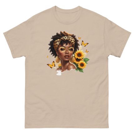 Afro Chic Sunflower Tee – Leopard Wrap & Butterfly Graphic Women Tees Style Junction – Custom Digital Designs & Apparel Sand S